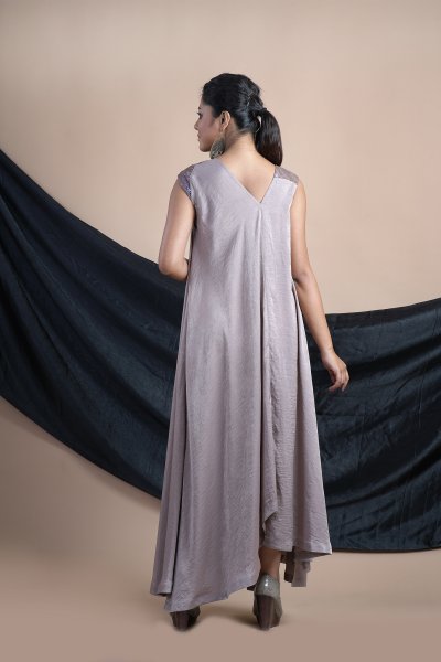 Grey Embroidered Asymmetric Kurta Dress