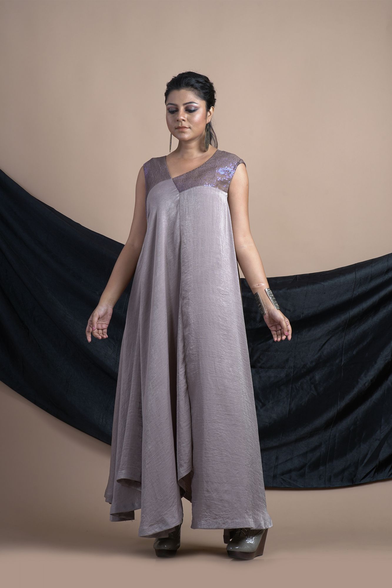 Grey Embroidered Asymmetric Kurta Dress