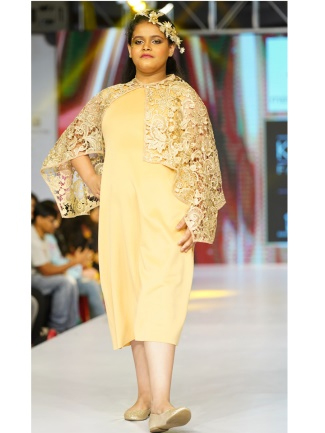 Golden Fitted Dress with Stylish Mesh Cape