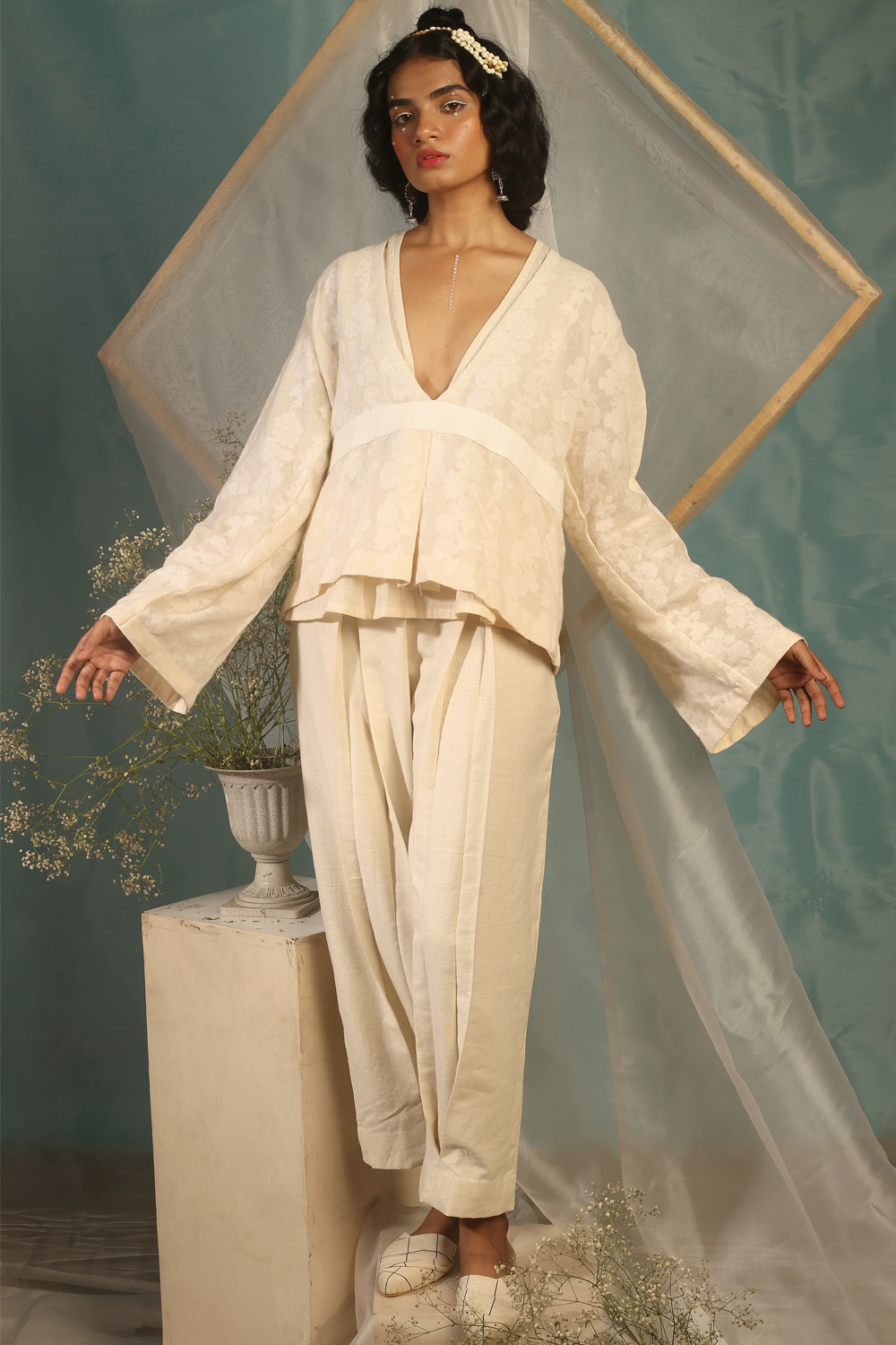 JAMDANI TUNIC TOP AND BOX PLEATED KHADI 