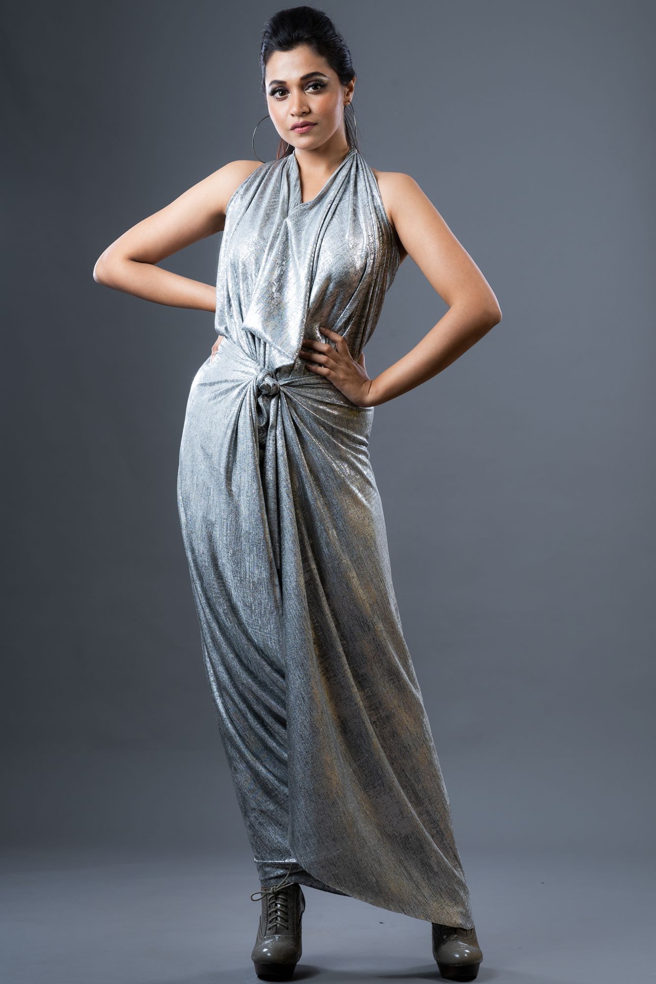 Silver Cowl Neck Draped Gown