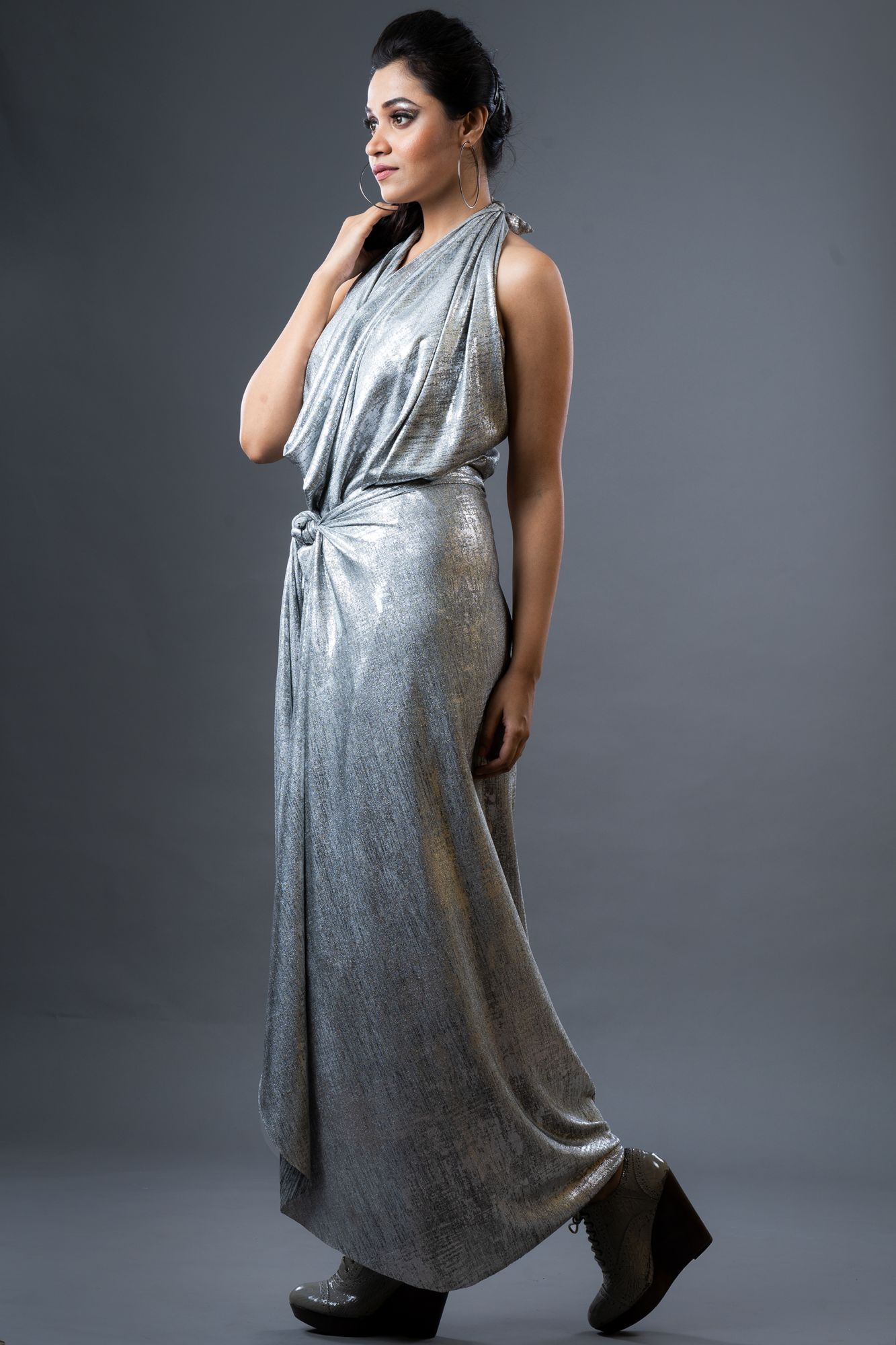 Silver Cowl Neck Draped Gown