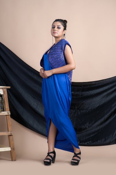 Blue Draped  Gown with  Quilted sequins Jacket