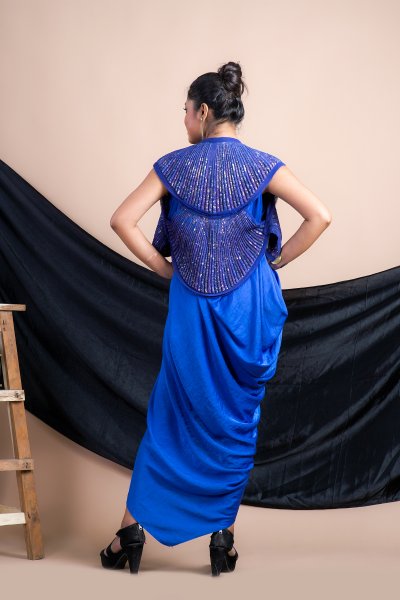Blue Draped  Gown with  Quilted sequins Jacket
