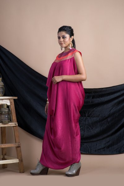 Pink  Quilted Sequins  Draped Gown
