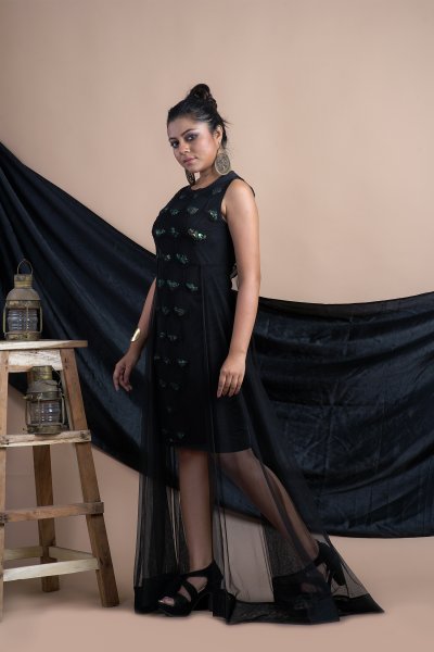 Black Embellished Mini Dress With Flared Tails
