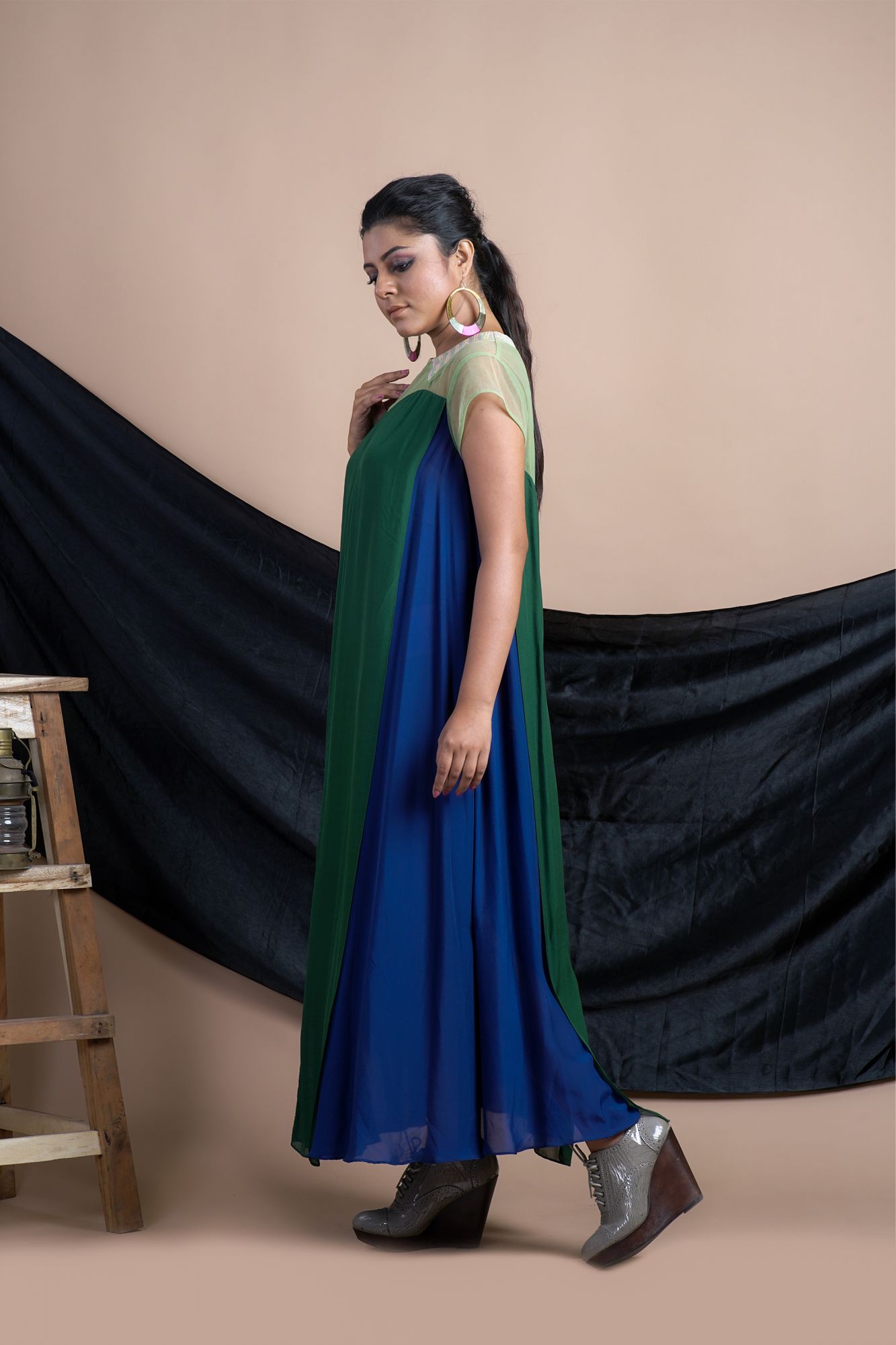 Green Blue Embroidered Quilted Kurta