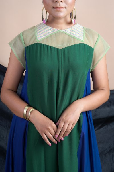 Green Blue Embroidered Quilted Kurta