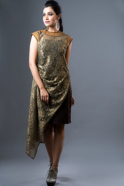 Golden  Lace &amp; Scuba Tube Dress