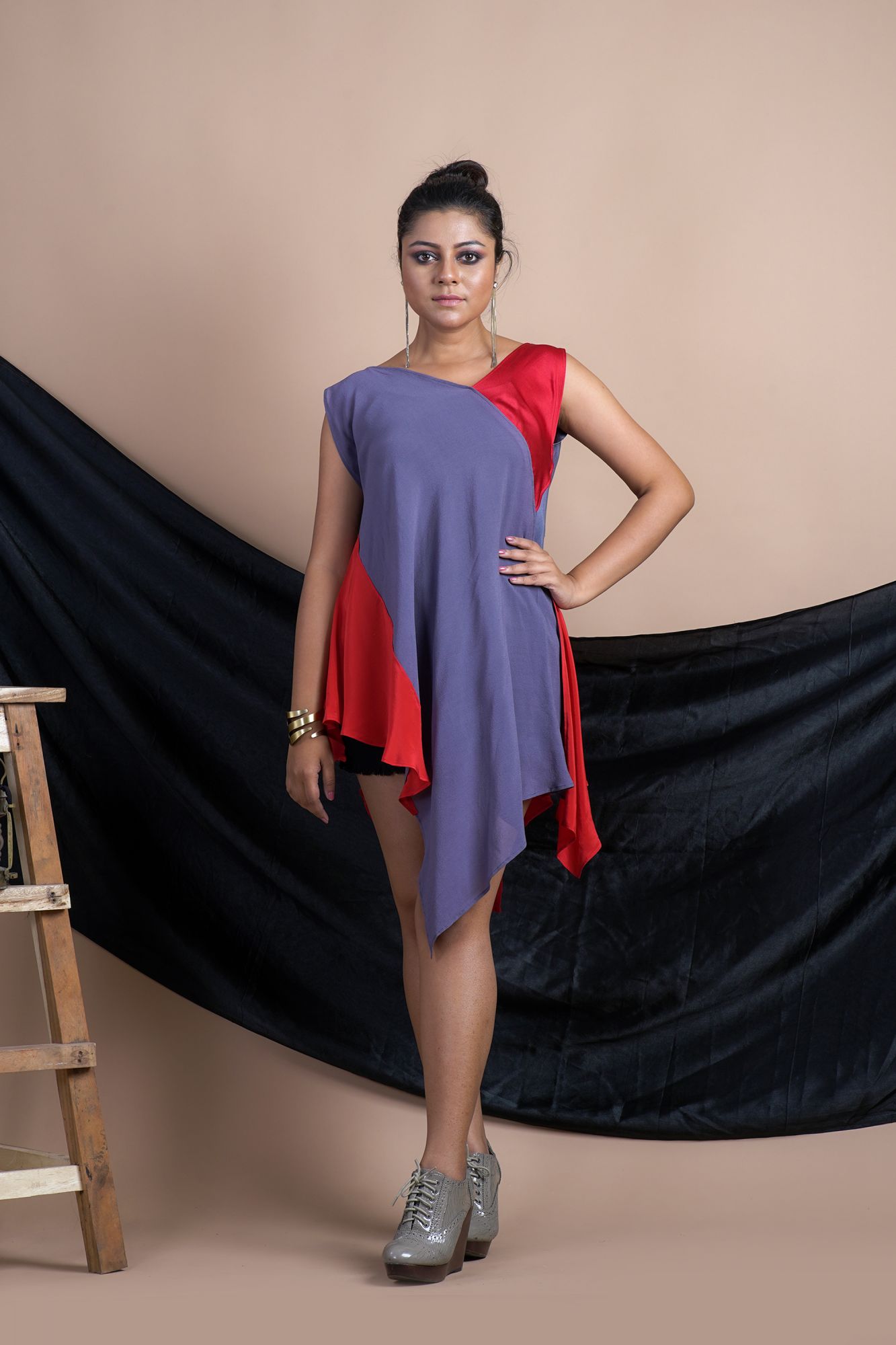 Grey / Red Draped Top